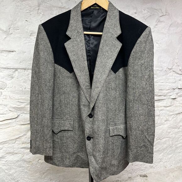 Circle S Other - Vintage 80s Circle S Blazer Western Sport Coat 44S Gray Herringbone Black Yoke